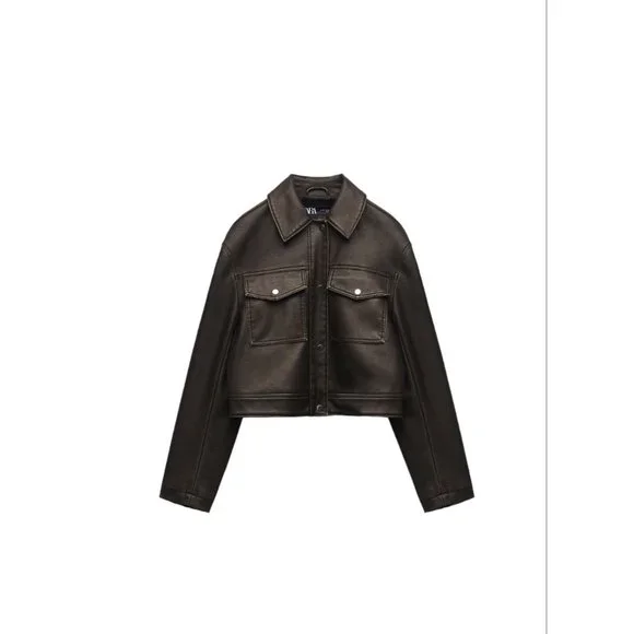 Zara | Jackets & Coats | Zara Faux Leather Crop Jacket Brown